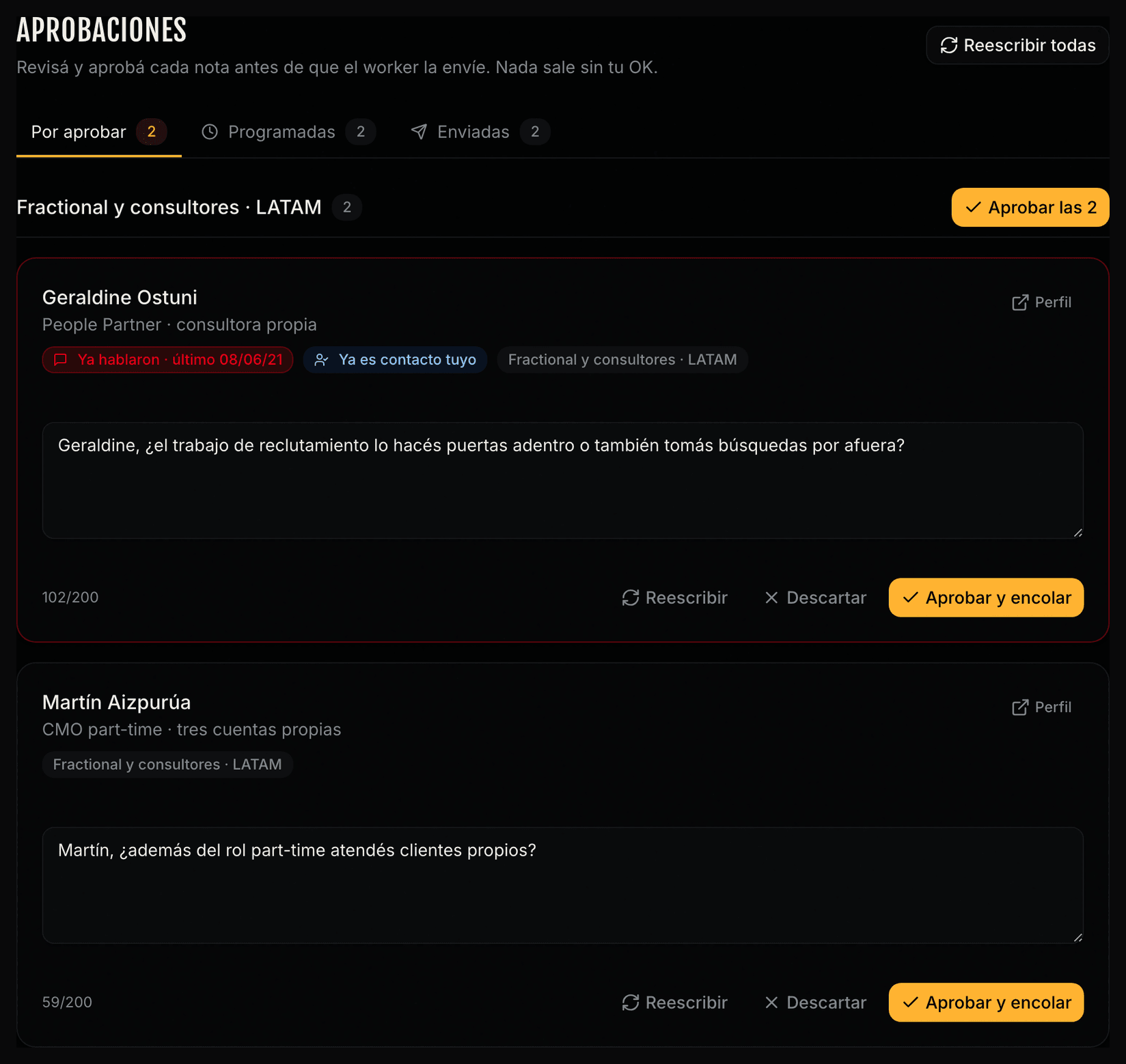 Cola de aprobación de Imán con dos invitaciones ya redactadas esperando el visto bueno. De cada una se ve el nombre del contacto, su cargo, el texto completo y el contador de caracteres; la primera lleva un aviso en rojo porque ya habían hablado en 2021.