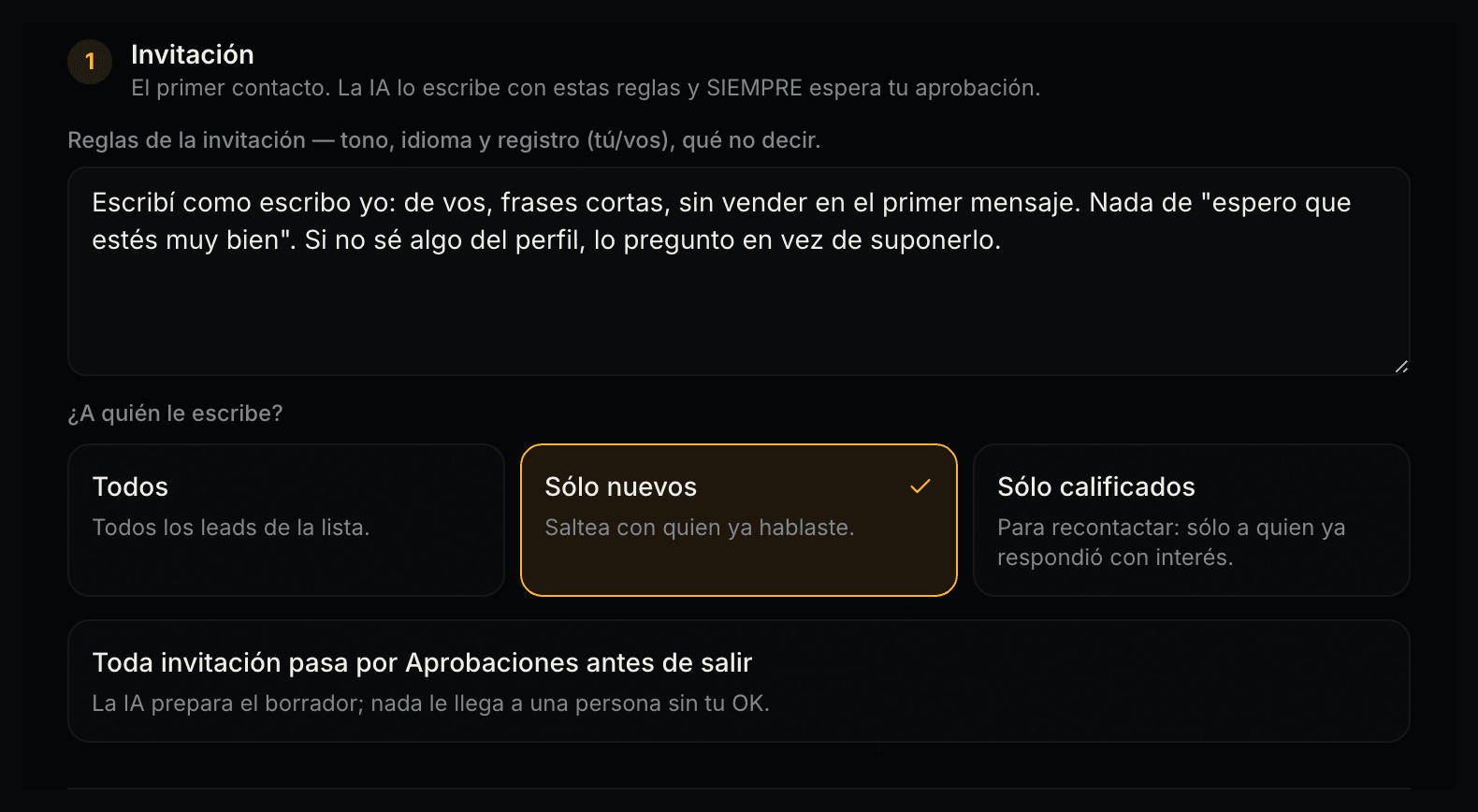 Reglas de la invitación en una campaña de Imán: un campo de texto libre donde el dueño escribió con sus propias palabras cómo quiere sonar —de vos, frases cortas, sin vender en el primer mensaje— y qué hacer cuando le falta un dato del perfil.